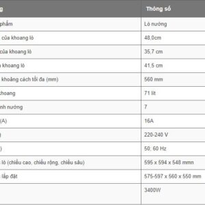 Lò Nướng Bosch,dung tích 71 lít, nhập khẩu Tây Ba Nha - HBA512BR0 Thông số lò nướng Bosch HBA512BR0
